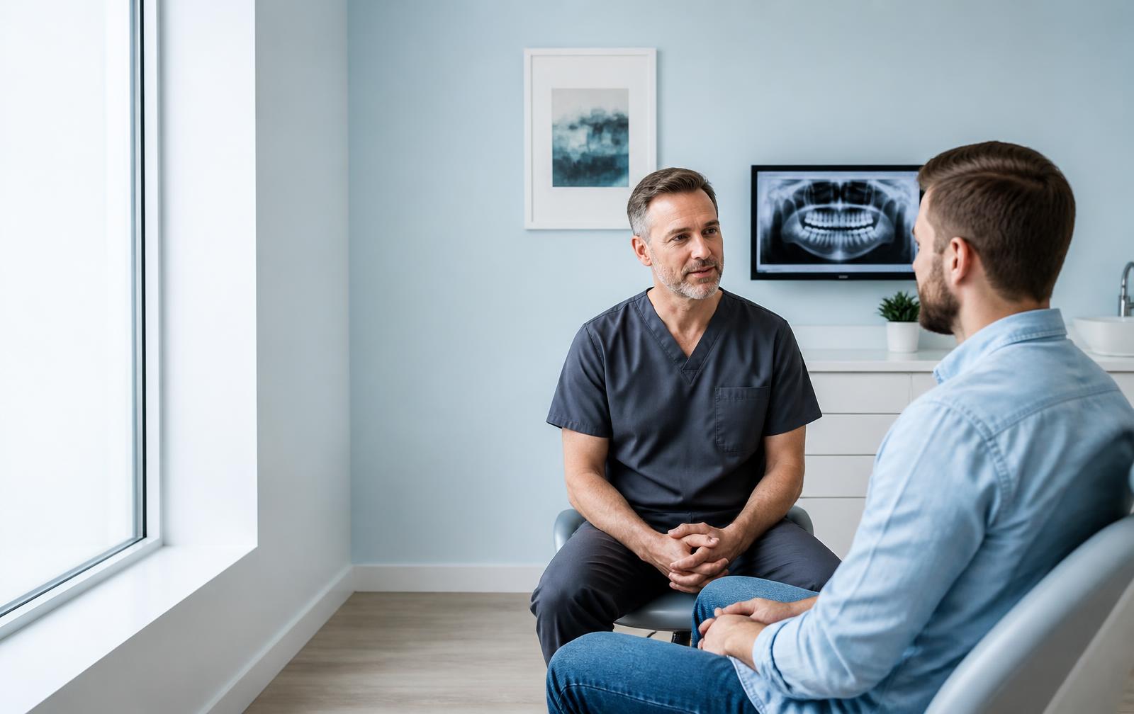 Dentist having a relaxed consultation with an adult patient