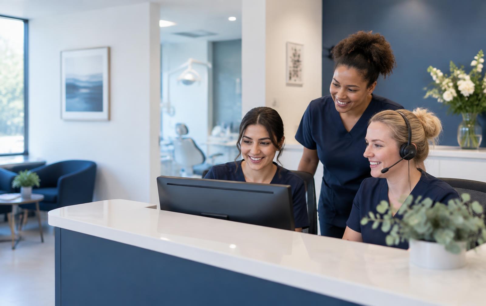Dental reception team reviewing a patient conversation together